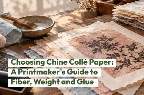 Papers and glue; text: 'Choosing Chine Collé Paper: A Printmaker's Guide to Fiber, Weight and Glue